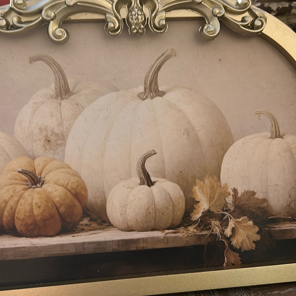NEW! Vintage Inspired Fall Shabby Chic Ornate Gold Framed Fall Harvest Pumpkin - Picture 2 of 6